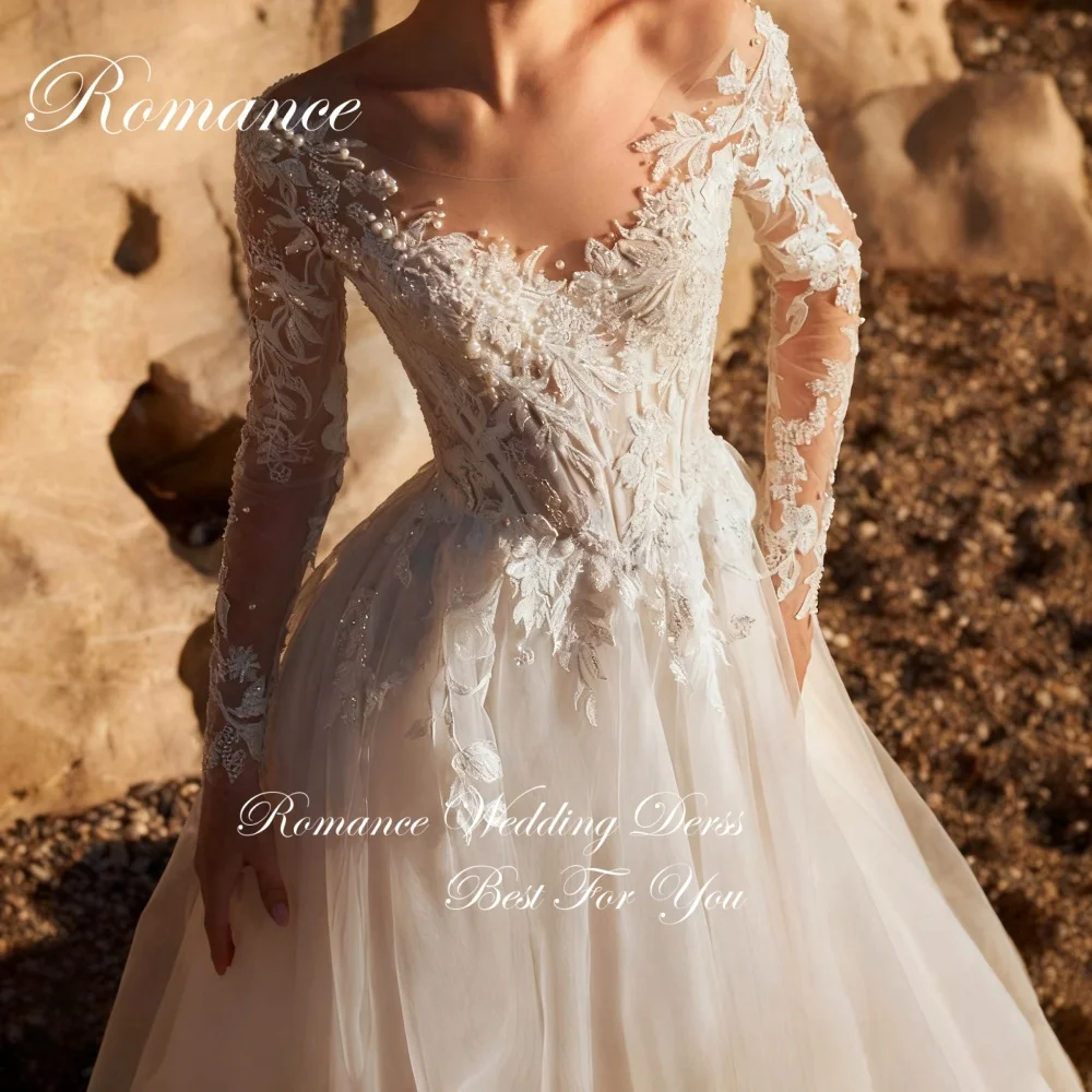 우아한 긴 소매 레이스 아플리케 A라인 웨딩 드레스 여성용 V넥 비딩 일루전 백 튤 베스티도스 데 노비아 맞춤 제작