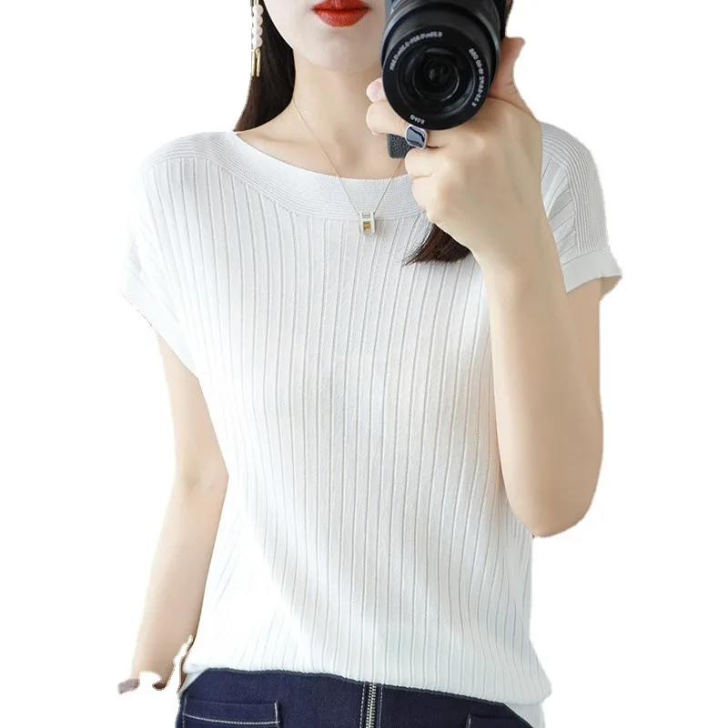 春夏 Tシャツ女性半袖スリムストライプインナースラッシュネックファッション韓国ルーズニット Tシャツセーター 2025