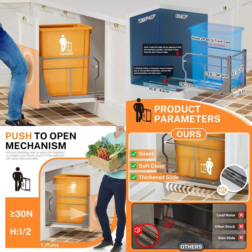 

Pull-Out Trash Can Under Cabinet with Push Open Slides, Garbage Can Not Included, Cabinet Trash Can Pull Out Kit
