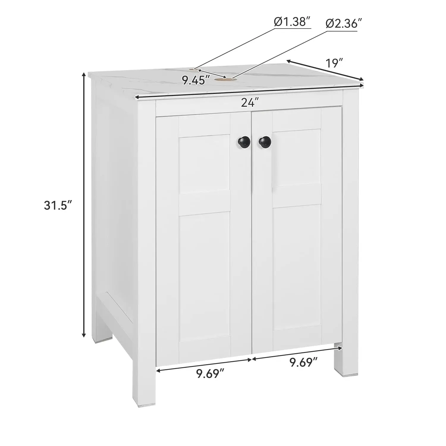 24 Inch White Bathroom Vanity with Marble Texture Top, Traditional Standing Pedestal Cabinet with Black Boat Ceramic