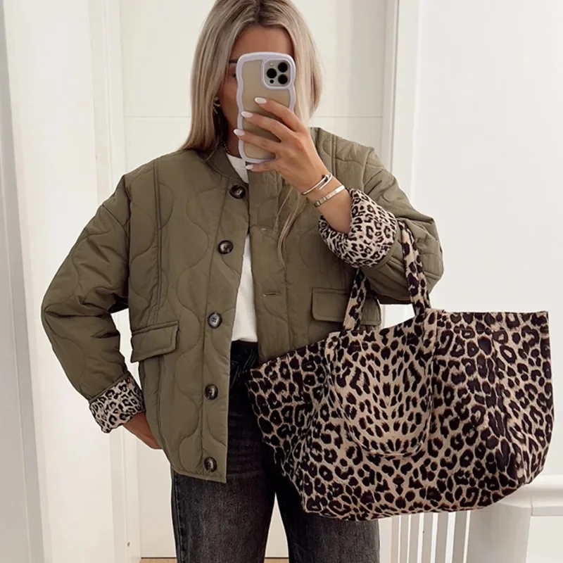 Fashion Leopard Print Lined With Cotton Jacket Women 2024 Winter Warm Coats O Neck Single Breasted Pocket Quilted Lady Outerwear