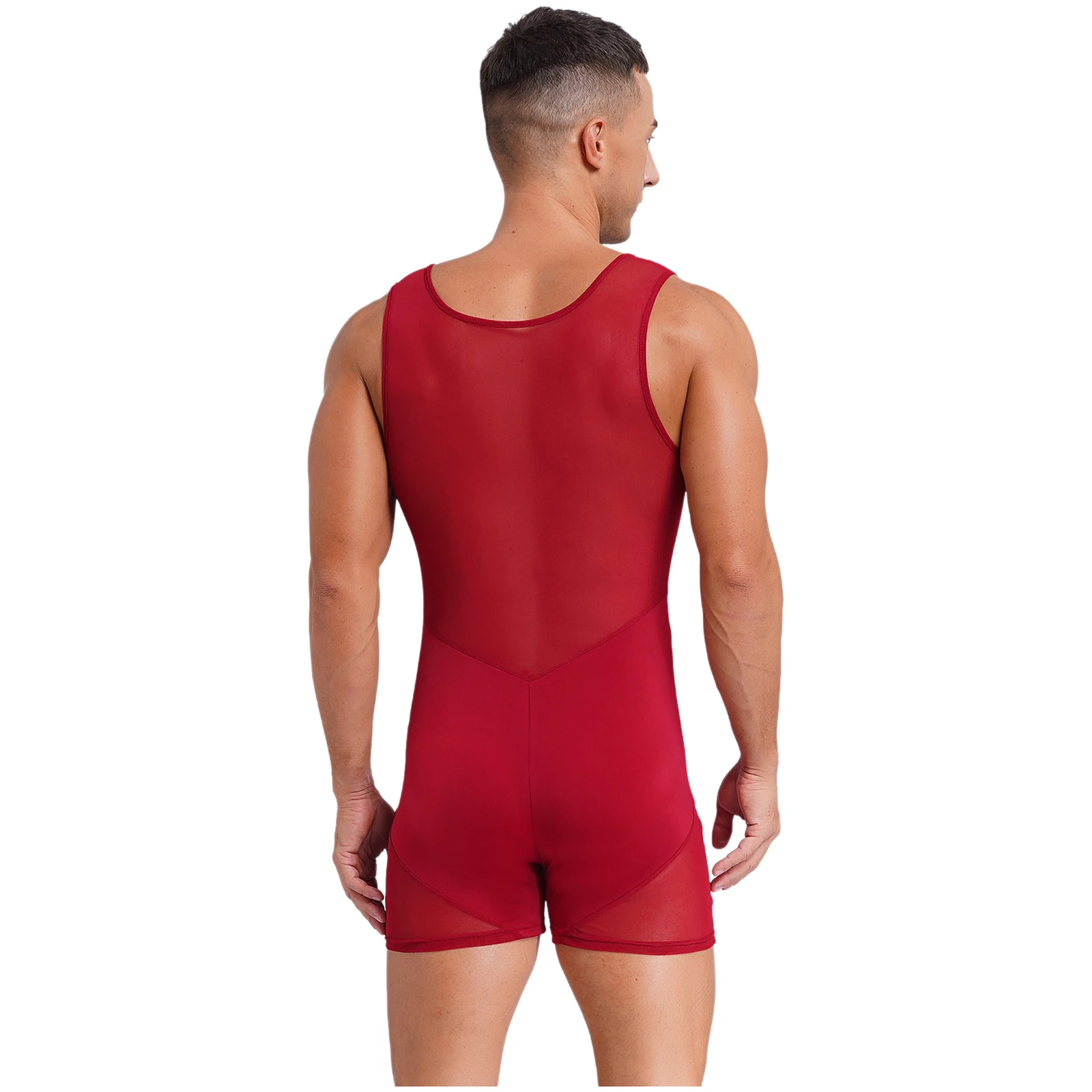 Mens Sheer Mesh Splice One Piece Boyleg Biketard Wrestling Shorty Jumpsuits Gym Workout Fitness Athletic Bodysuits Underwear