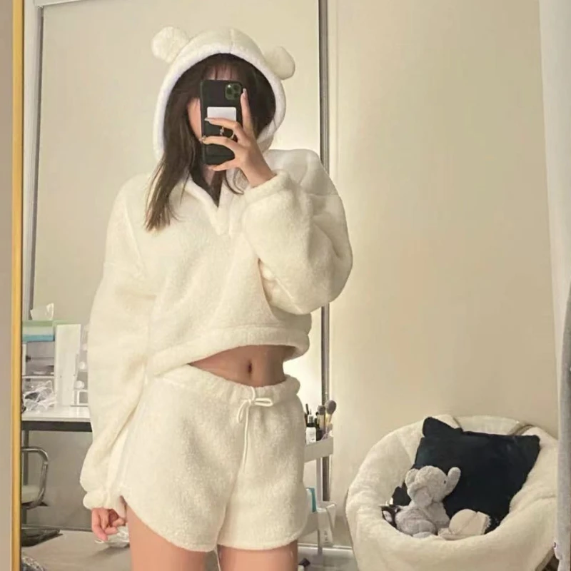 Short Sets Women Two Pieces with Hat Hoodies Bear Ear Short Solid Plus Velvet Thicker Crop Tops Lace Up Trendy Sweet Girls Cozy