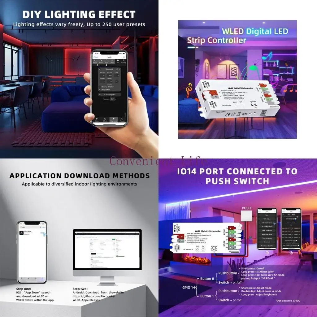 

L1EE 8266 WLED Digital LED Strips Controller Addressable LED Controller Type C 5V/DC5-24V LED Light Remote Controller
