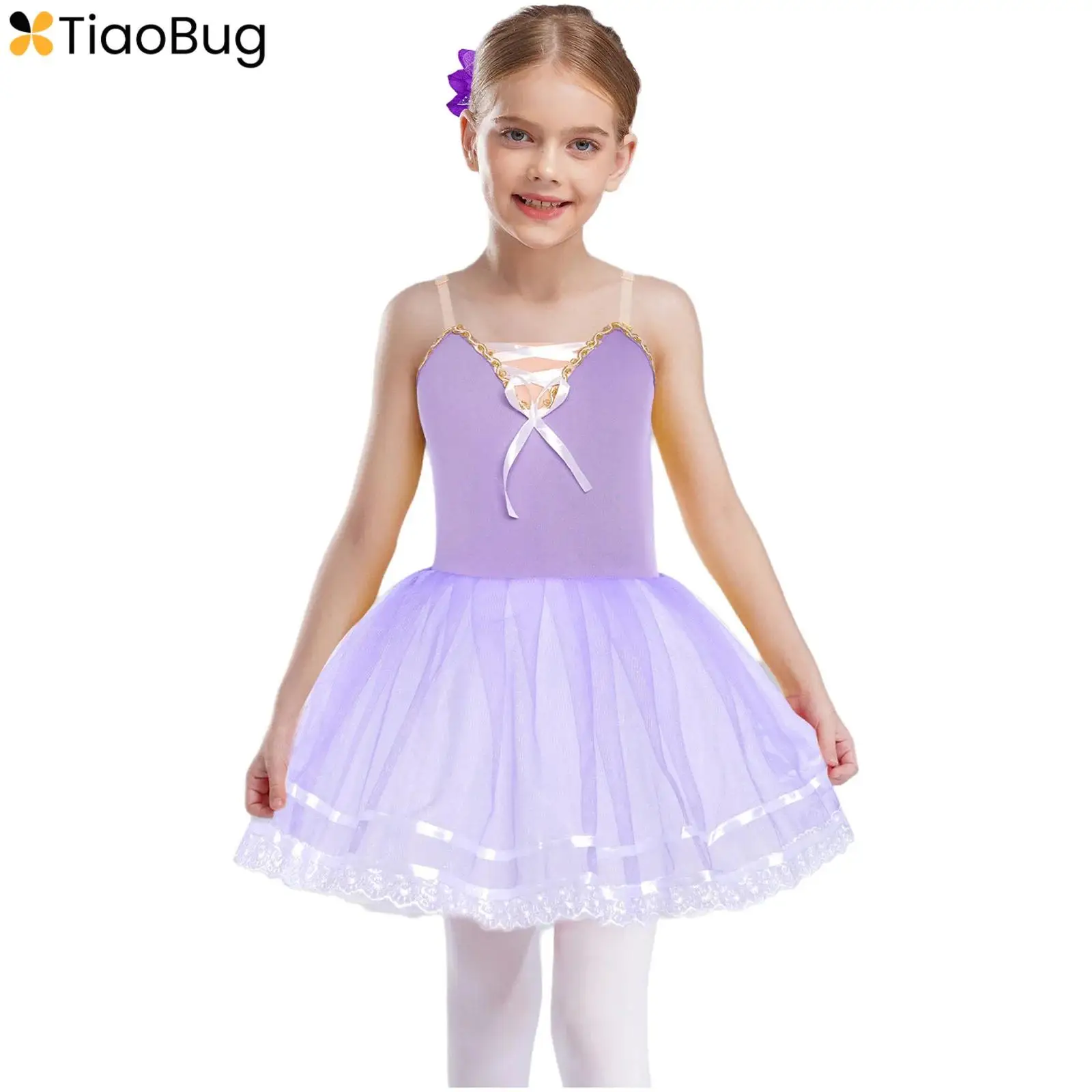 Kinderen Meisjes Ballet Jurk Mouwloos Verstelbare Bandjes Kanten Rand Gelaagde Tule Tutu Jurken + Hoofddeksels Set Dansvoorstelling Kostuum