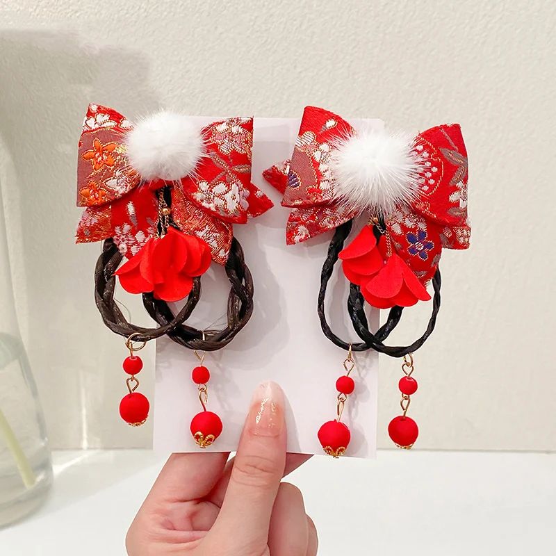 2 PCS Girls Chinese Style Hanfu Headdress Bow Hair Clip Wig Braid Hairpin Side Clip Hair Accessories For Children's Gift – Detail 1