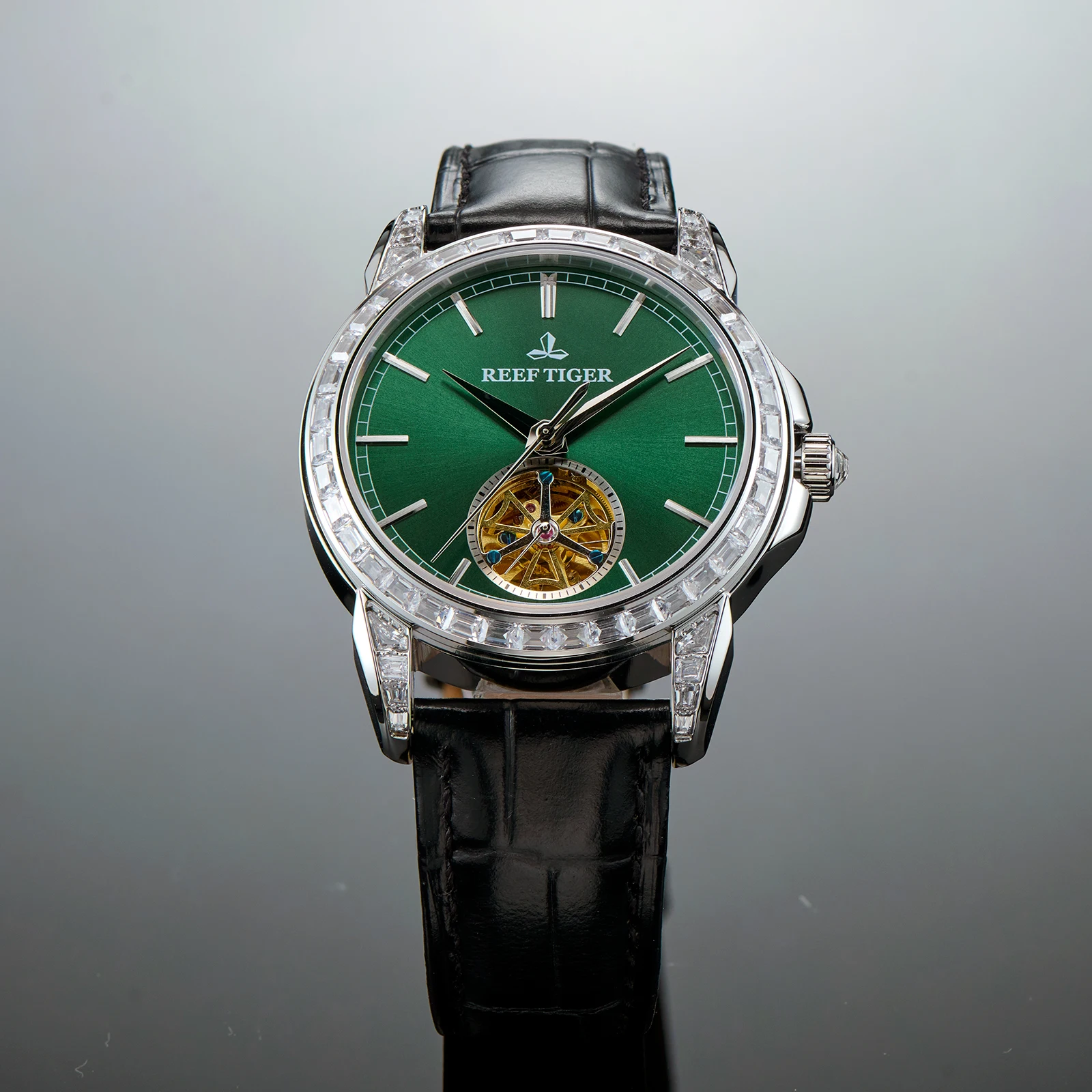 ريف تايجر للرجال 316L الفولاذ المقاوم للصدأ الزركون الحافة توربيون ساعة أوتوماتيكية فريدة من نوعها الأخضر الهاتفي الجلود ساعة ميكانيكية RGA1904