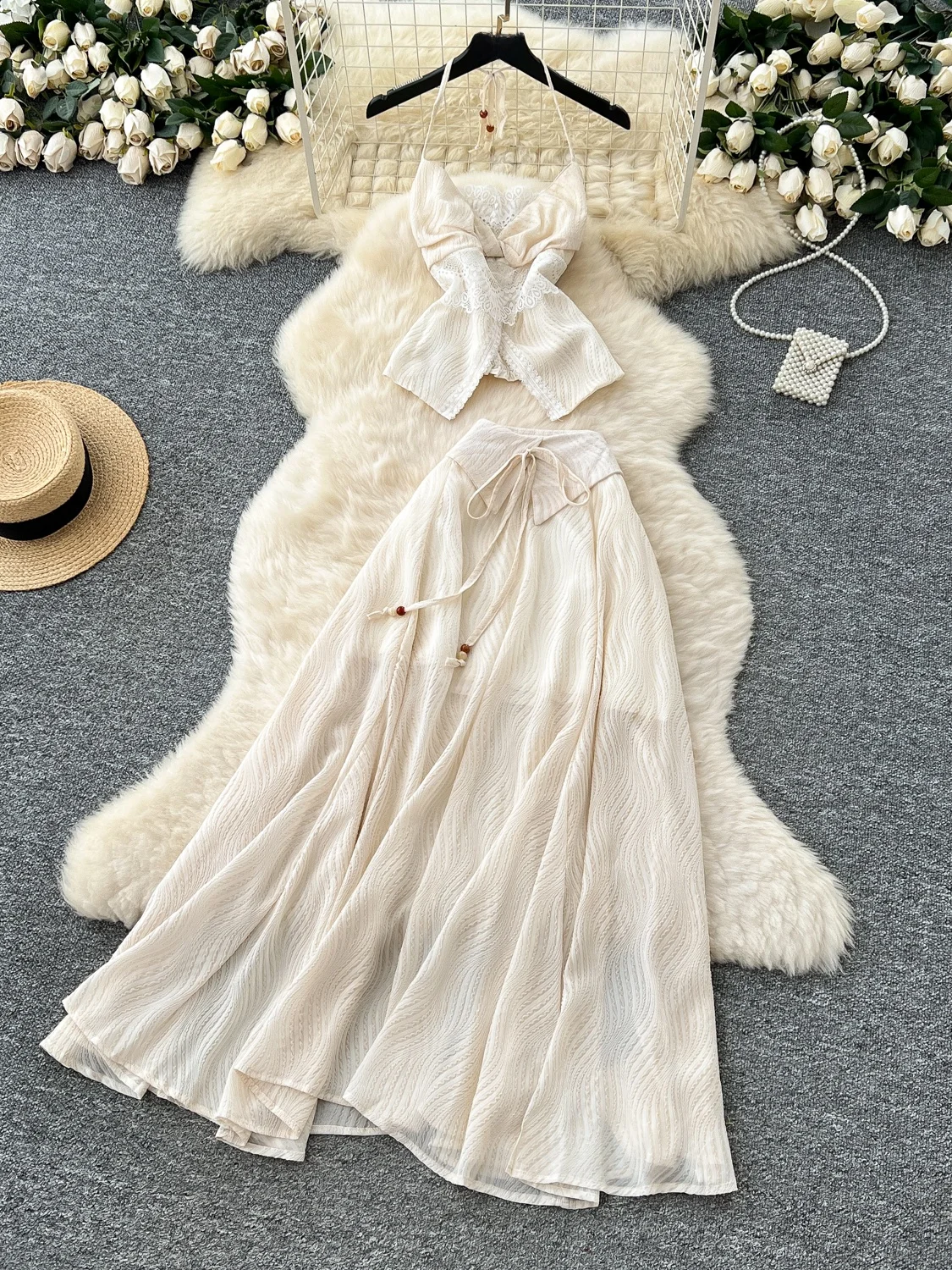 

Ele High Waist f Skirt Set with Lace Splicing Long Sve V-Ne Crop Top And Skirt Two-Piece Women's Faion Outfit