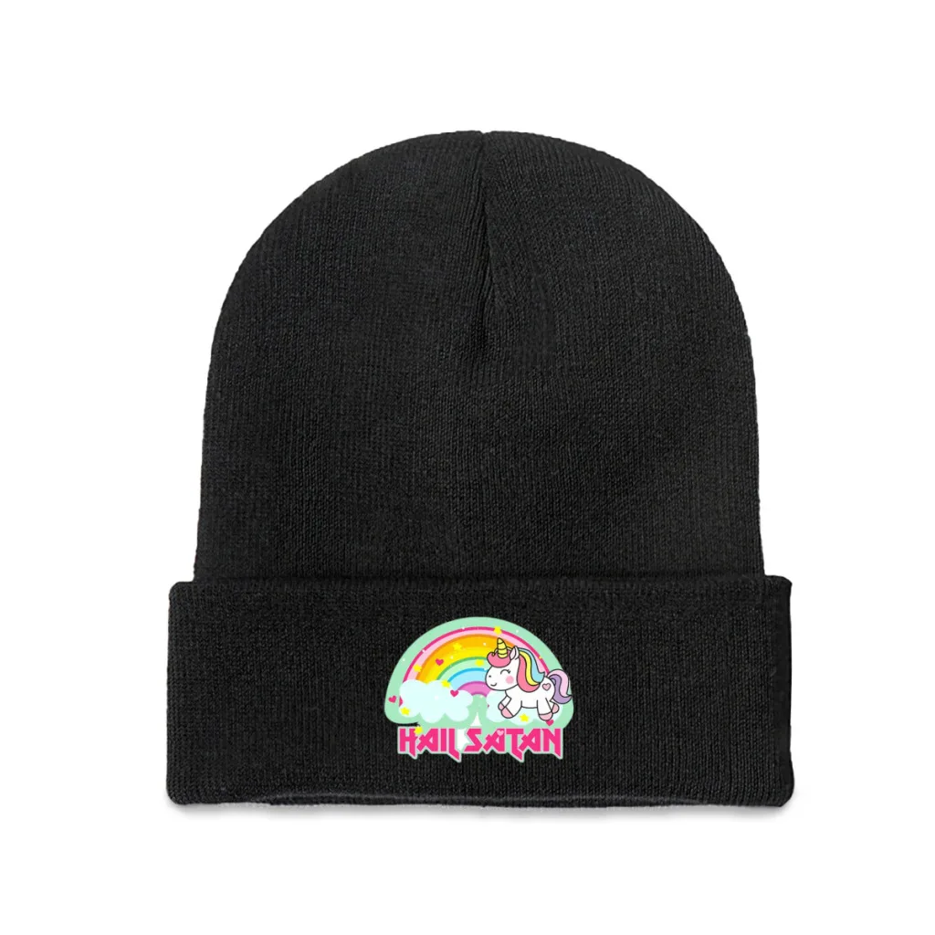 Hail Satan rainbow unicorn Knitting Hat Beanie Caps Skullies Beanies Ski Cap Soft Bonnet Hats Winter Warm