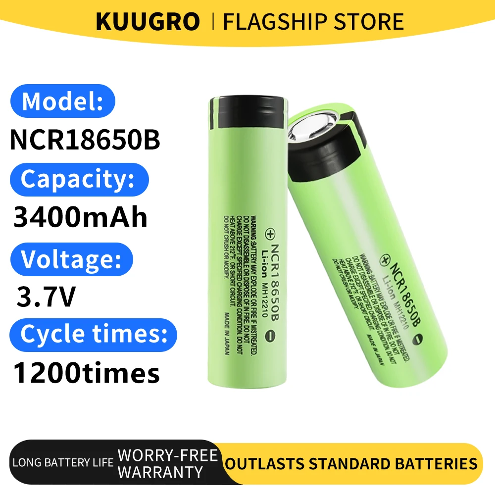 

Kuugro 34B 100% New Original NCR18650B 3.7v 3400mah 18650 Lithium Rechargeable Battery Flashlight batteries