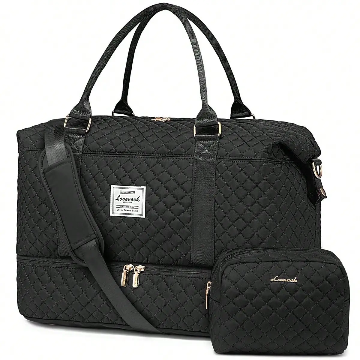 Travel Duffle Bag,Weekender Bags For Women With Shoe Compartment,Carry On Overnight Bag With Toiletry Bag,Gym Duffel Bag With Wet Pocket (Black)