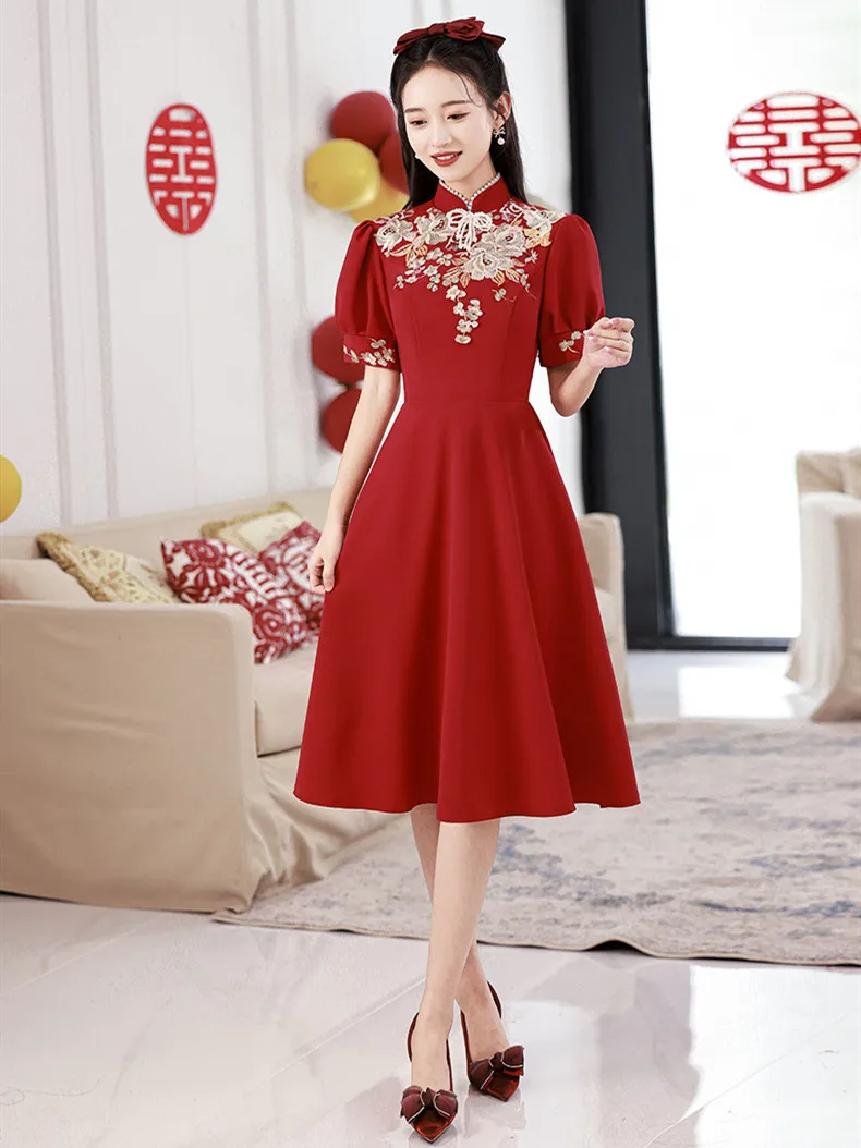 

Chinese Style Beaded Mandarin Collar Embroidery Puff Sleeve A-Line Evening Dress Bride Wedding Tulle Prom Gowns Vestidos