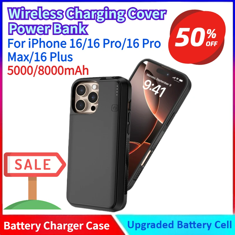

New 5000/8000mAh for iPhone 16/16 Pro Portable Wireless Charging Cover Power Bank Extended Battery Pack USB-C Battery Case