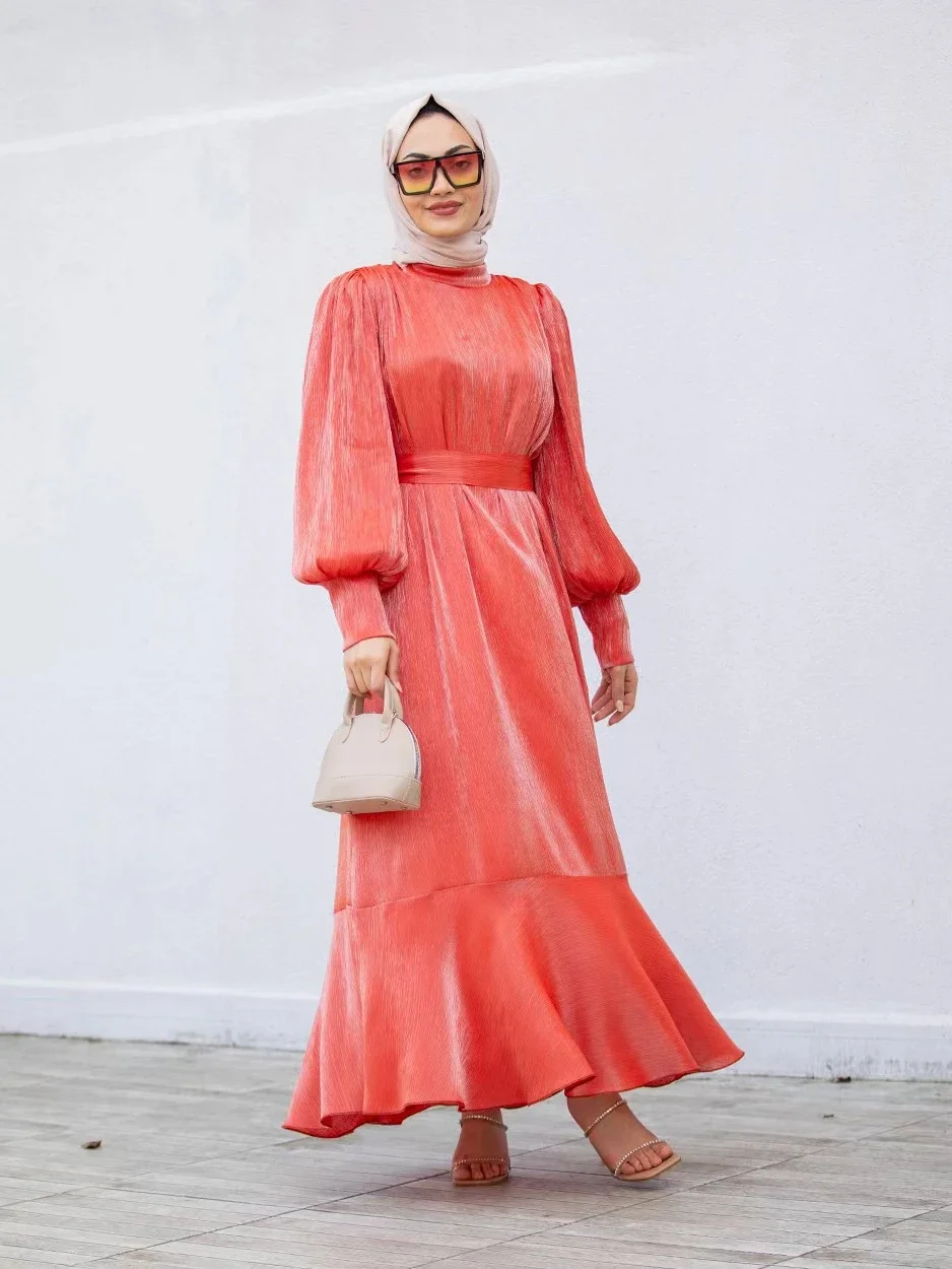 Eid Muslim Party Dress for Women Ramadan Lantern Sleeve Long Dress Belt Morocco Kaftan Vestidos Largos Dubai Robe Jalabiya 2024