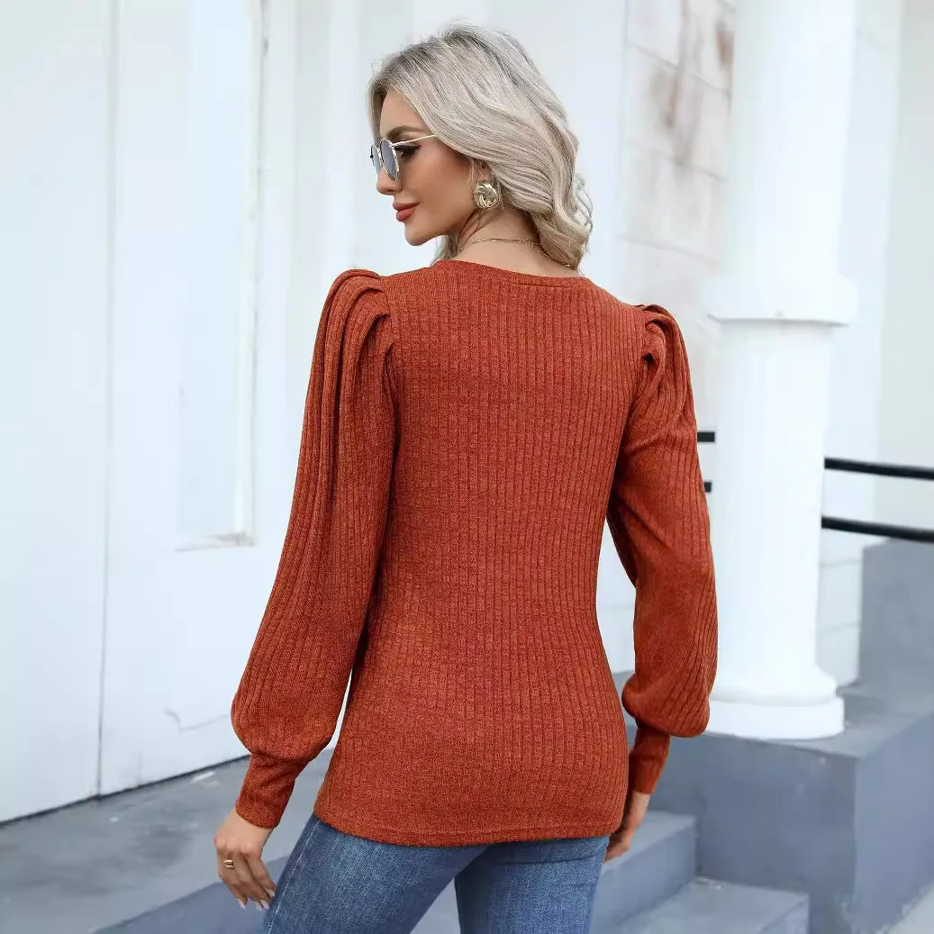 Women's Clothing Amazon's New Solid-color Pit Strip Polished Round Neck Top Women's Bubble Shoulder Long-sleeved T-shirt