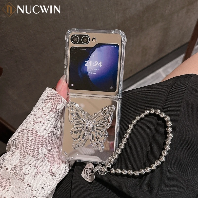 Luxury Mirror Butterfly Bracelet Case for Samsung Galaxy Z Flip 6 5 4 3 Zflip6 flip5 5G Bracket Stand Make Up Wrist Chain Cover