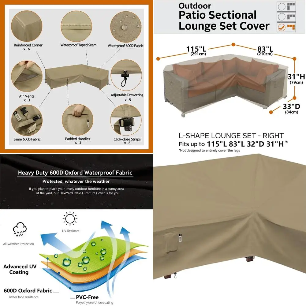 

L-Shaped Outdoor Sectional Sofa Cover, 115x83 Waterproof 600D Patio Furniture Cover, Desert Khaki