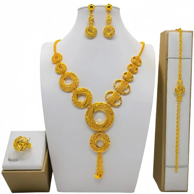 Conjunto de joyería de lujo para mujer, pulsera africana, pendientes, collar, anillo, diseño de flores de Dubai, Color dorado de 24 quilates, 4 piezas