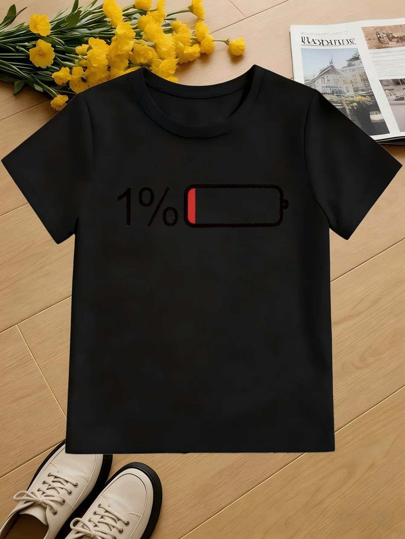 Low Power 1 Percent Battery Icon Funny Minimalist Print Kids T Shirt Boys Girls Family Matching Summer Crew Neck Casual Tee