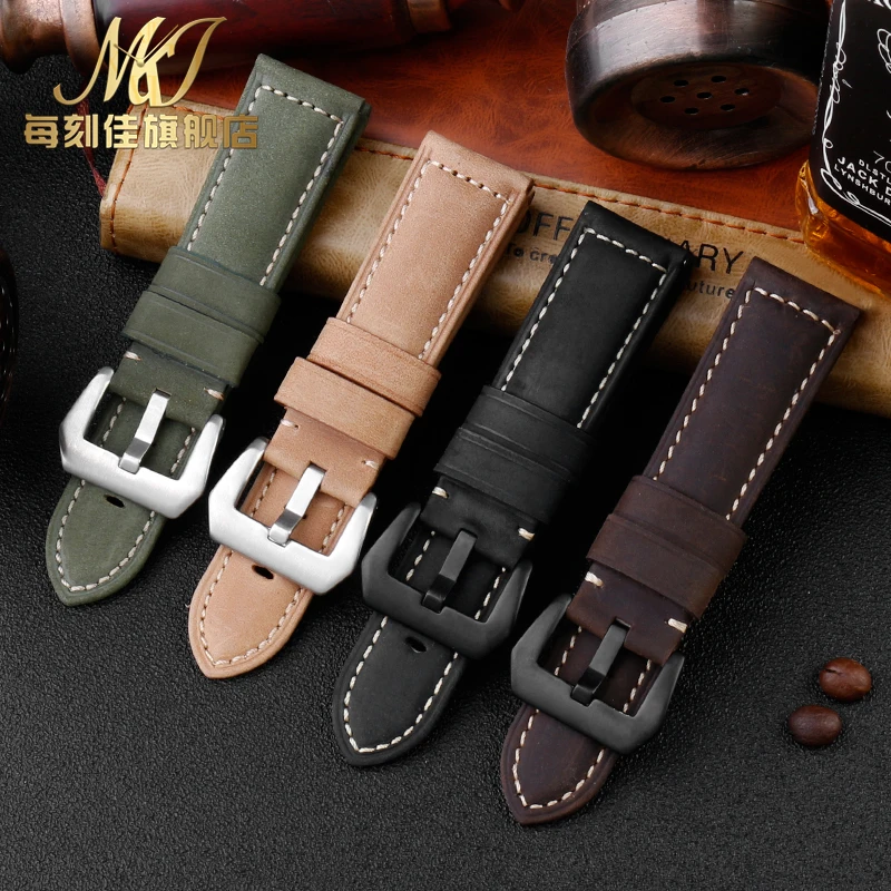 Frosted Vintage Genuine Leather watch strap For Panerai PAM111 441 312 Breitling Hamilton Men watchband 22m 24mm 26mm khaki band