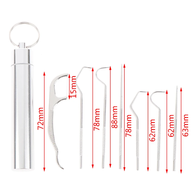 Palillo de dientes de acero inoxidable, 7 piezas, para viaje en el hogar, con estuche, limpieza Oral