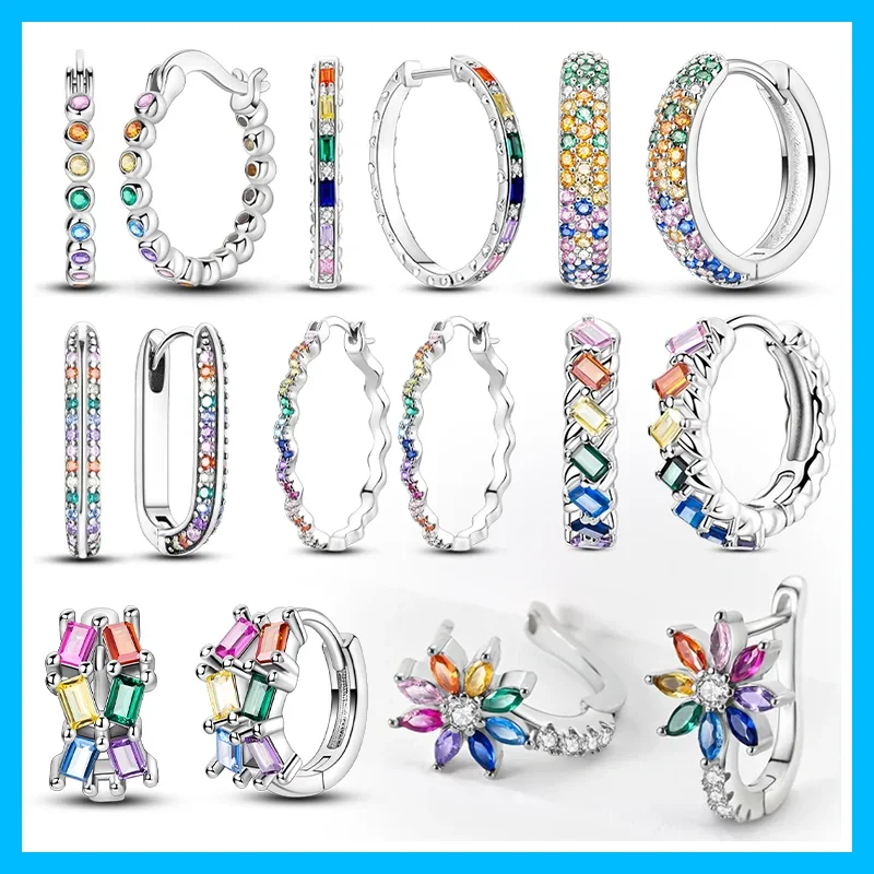 Rainbow Multicolor CZ Flower Wave Huggie Hoop Original Silver Plated White Earrings Women Anniversary Delicate Fine Jewelry Gift