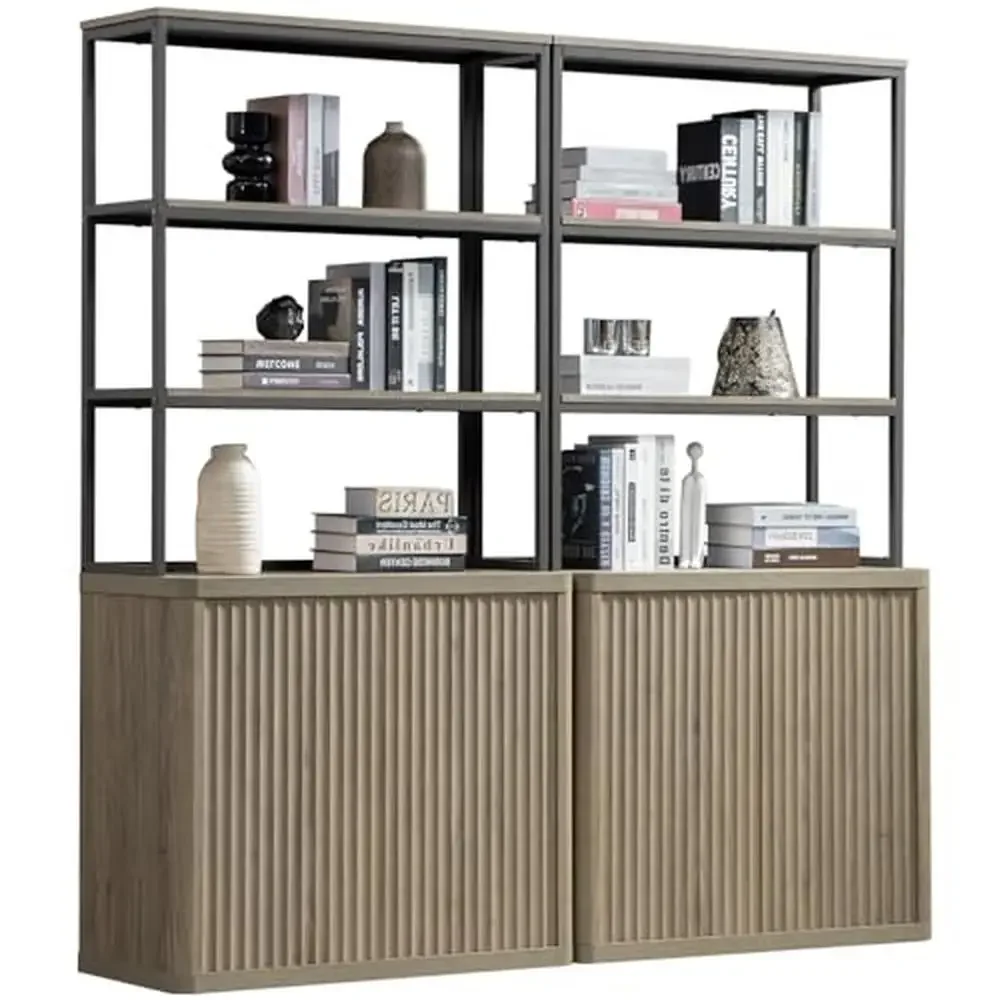 Fluted Waveform Panel Tall Bookshelf with Doors 5 Tier Storage Bookcase Modern Wood & Metal Book Shelves Adjustable Shelf Pop-Up