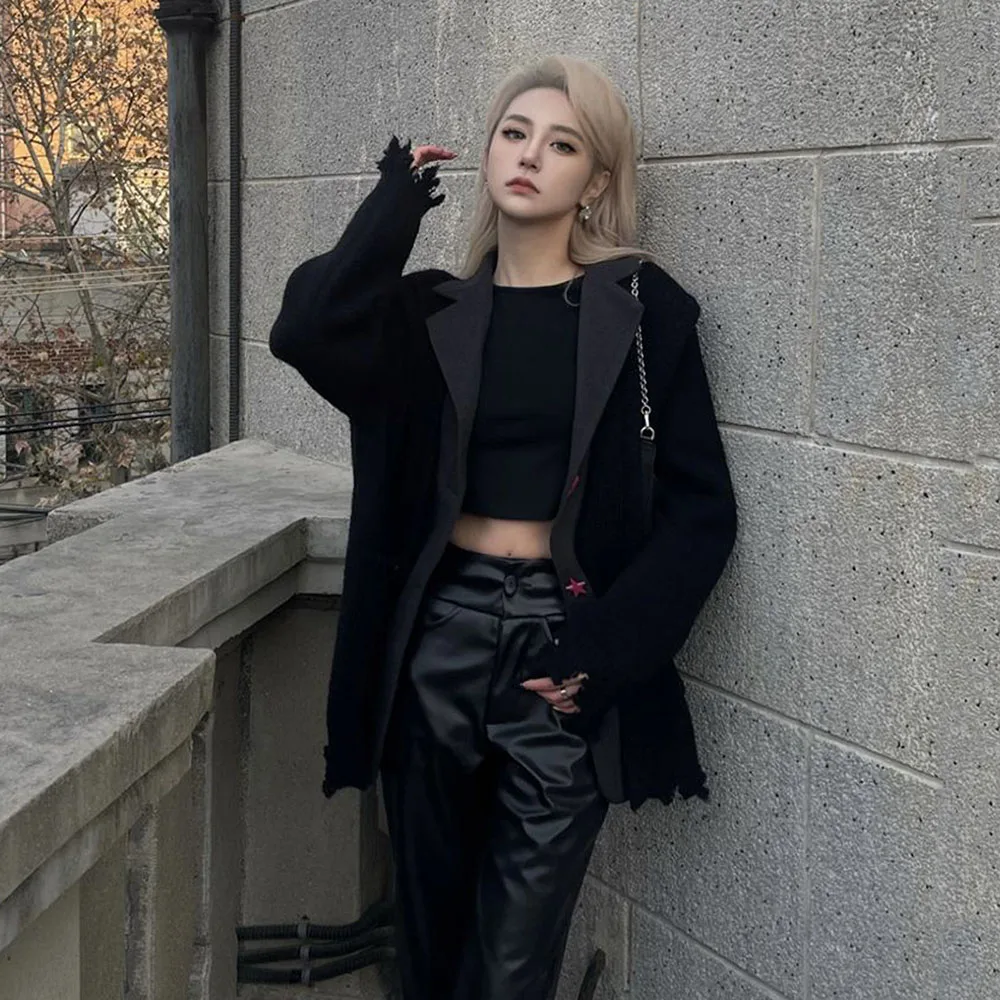 Harajuku Black Knitted Splice Blazers Gothic Style Punk Sweater Women Oversize O-neck Goth Grunge Knit Jacket Korean Fashion Top