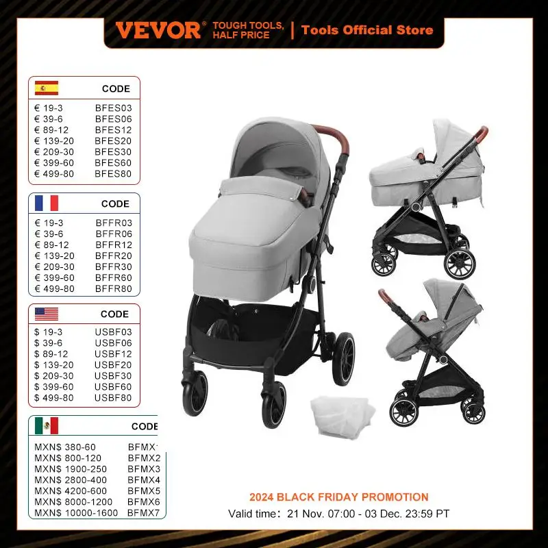 VEVOR kereta bayi standar, dengan Bassinet 3 Rd-Gear dapat disesuaikan sandaran & kursi dapat dilipat & dapat dibalik baja karbon ringan abu-abu