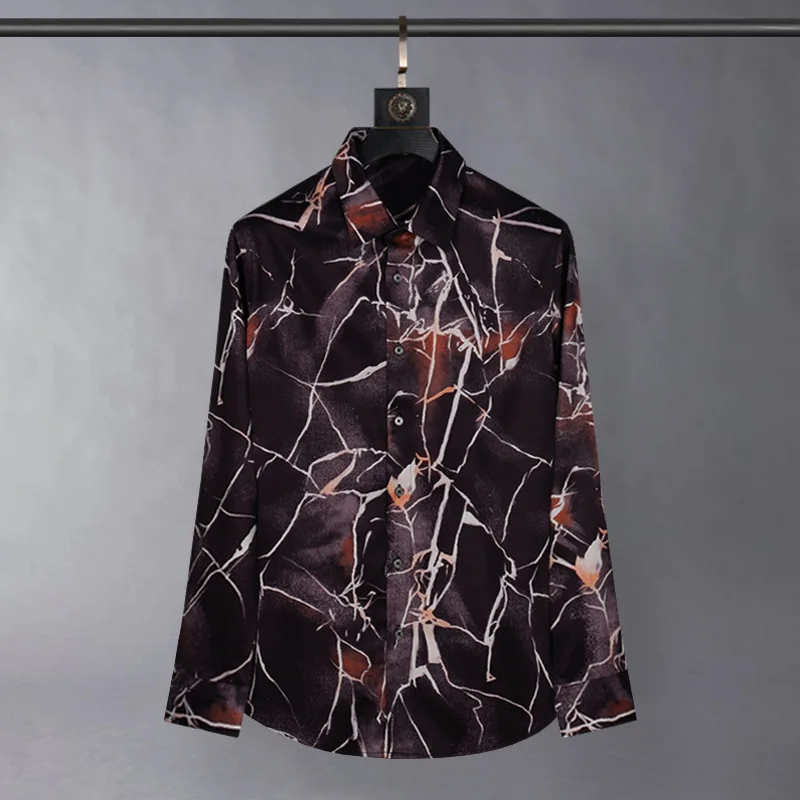 

Luxury Brand Lightning Printed Shirts Men High Quality Silk Long Sleeved Casual Shirt for Men Banquet Party Business Blouse Tops