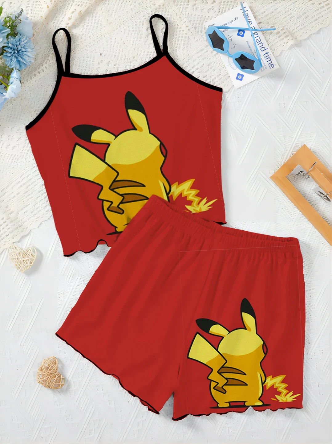 Short Sets for Women 2 Pieces Top Lettuce Trim Home Dress Pajama Skirt Women\'s Suit T-shirt Pikachu Pokémon Elegant Slip Dress