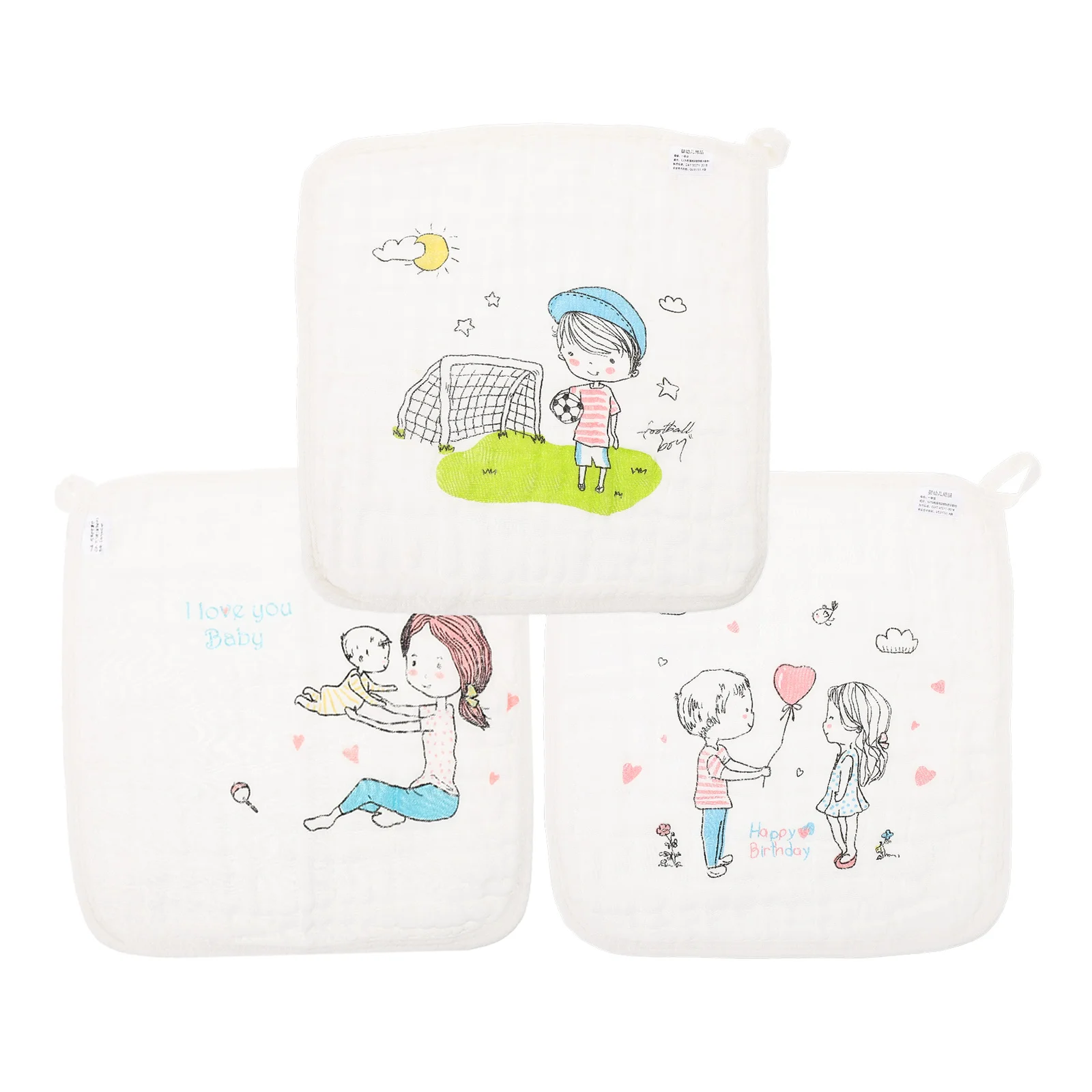 3 stks Baby Kwijlen Slabbetjes Zachte Katoenen Washandjes Cartoon Print Baby Speeksel Handdoeken Kinderen Veeg Doek Hand Gezicht Bad Wit Kinderen