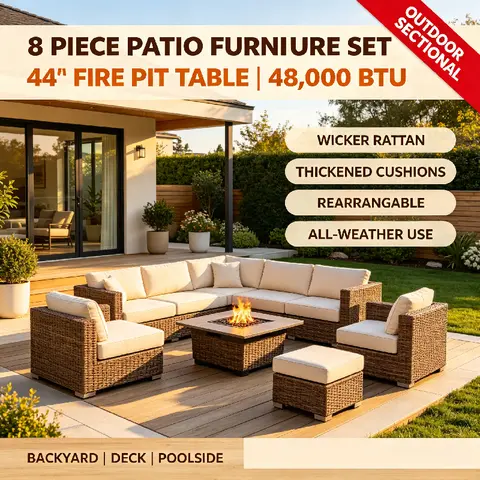 8 Piece Patio Furniture Set with 44 Fire Pit Table Wicker Rattan Outdoor Sectional Sofa Set with Coffee Table and Thickened