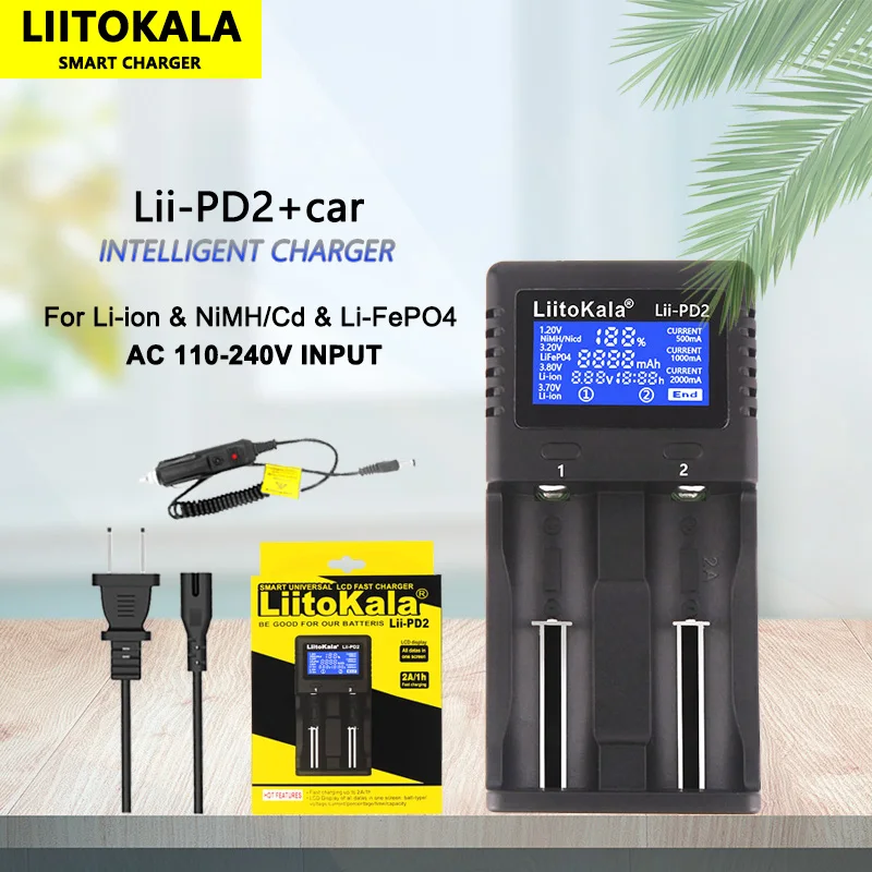 Pengisi daya baterai LiitoKala Lii-PD2 18650 untuk 3.7V Li-ion 18650/18500/16340/26650/21700 /20700/18350/CR123A 1.2V Baterai + mobil