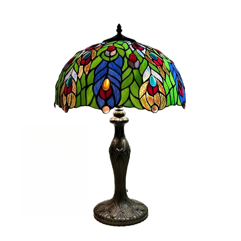 

16inch Tiffany Peacock Stained Glass Lampshade Bedside Table Lamp 2 Lights Traditional Craftsmanship for Elegant Home Decoration