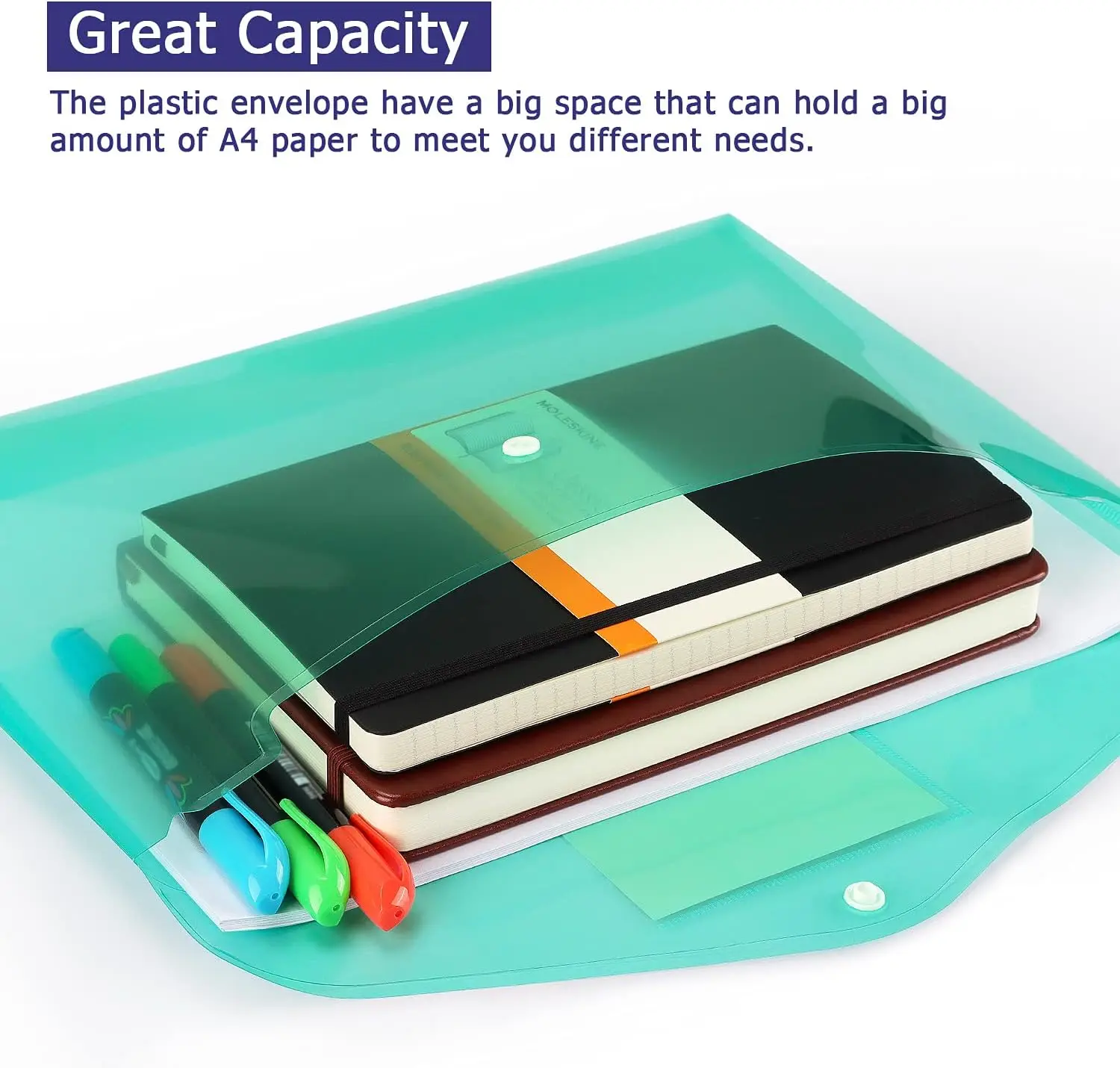 6 Pack Clear Document Folders Plastic Envelopes Poly Envelopes File Envelopes with Label Pocket and Snap Button for Home Work