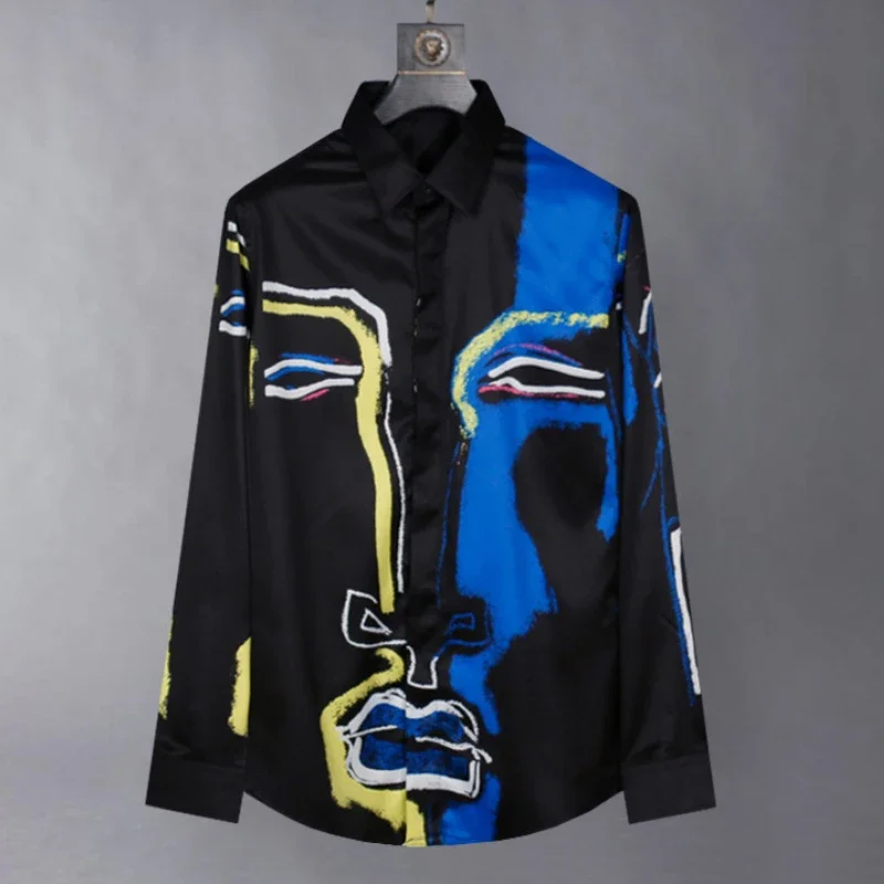 Chemise décontractée d'affaires de visage de graffiti de luxe pour hommes, chemise à manches longues mince, haut de gamme, banquet, fête sociale, chemisier de smoking