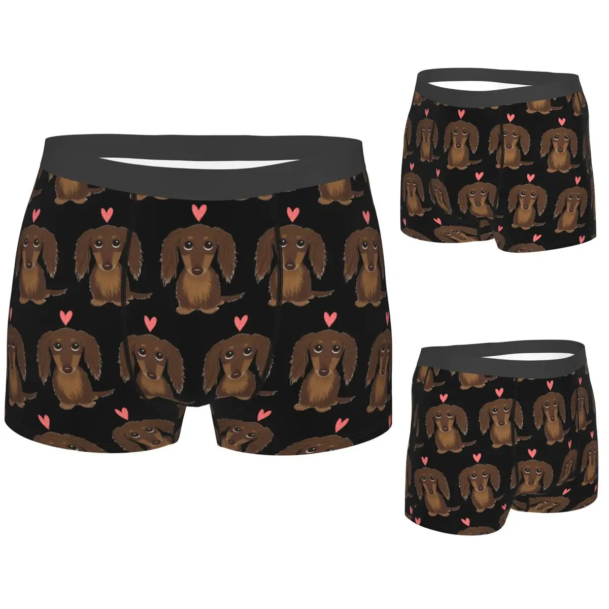 Calzoncillos Boxer, pantalones cortos para perro, Chocolate de pelo largo, perro salchicha Wiener con bragas de corazón, ropa interior cómoda para hombre