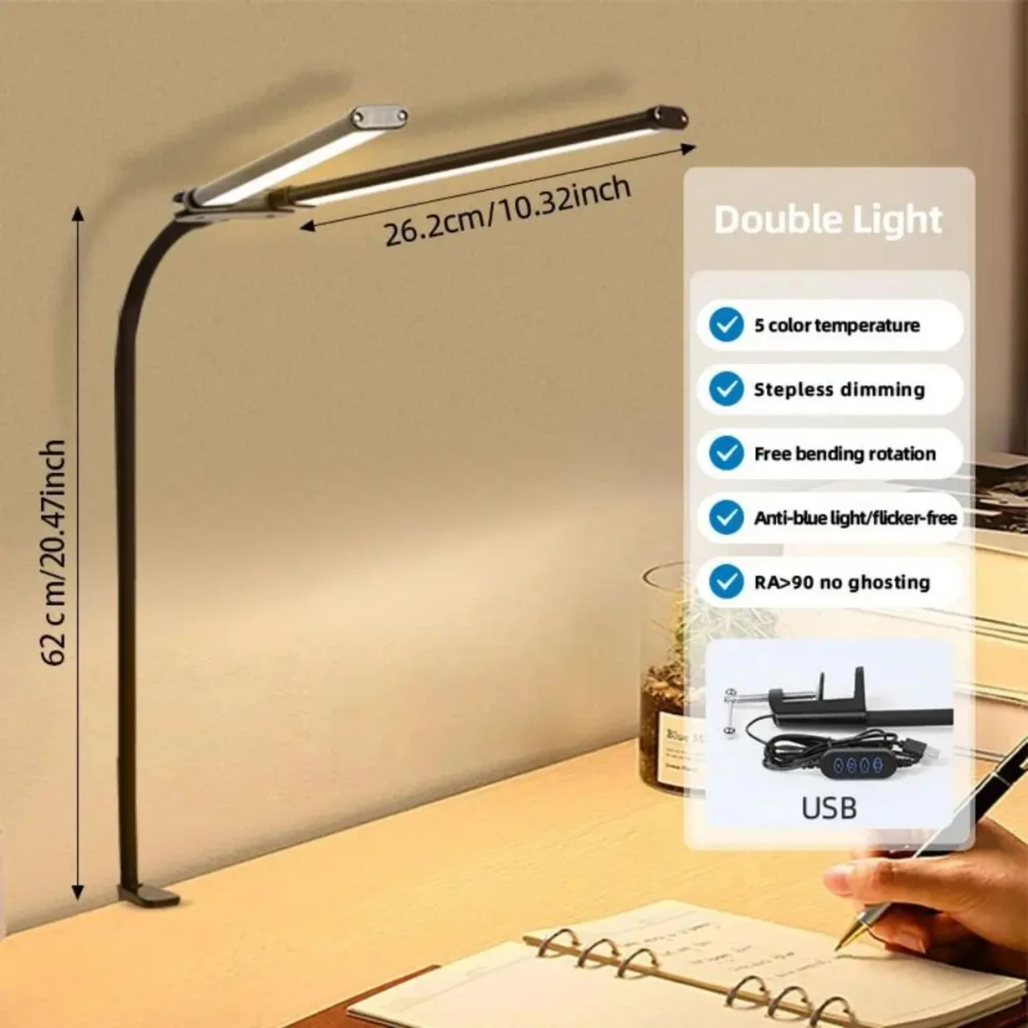 Adjustable LED Clip-On Desk Lamp, USB Port, 3 Lighting Modes