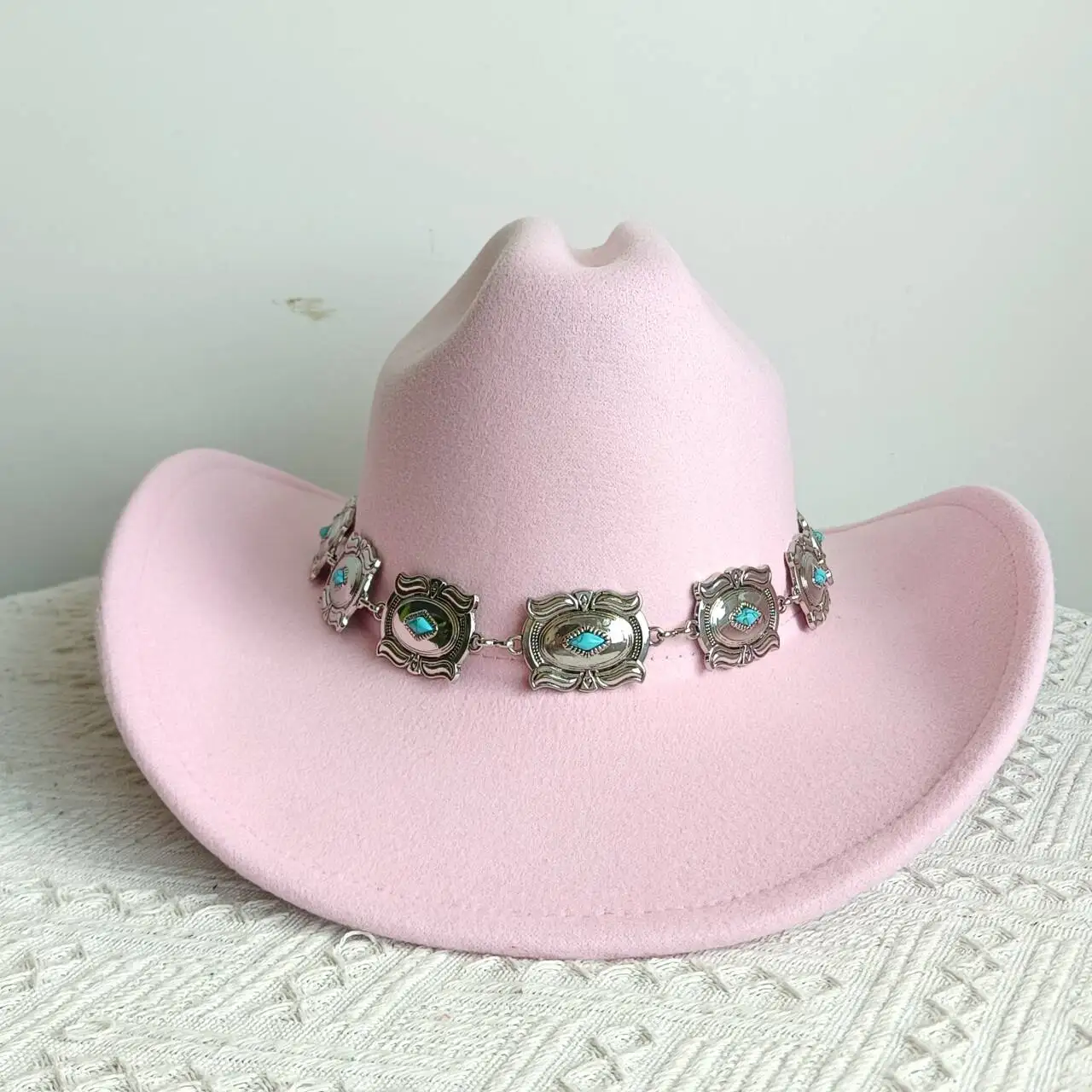 

Double concave cowboy fedora western cowboy silver Ivory Silver Concho Chain Cowboy Hat wide brim riding hat cowboy hat