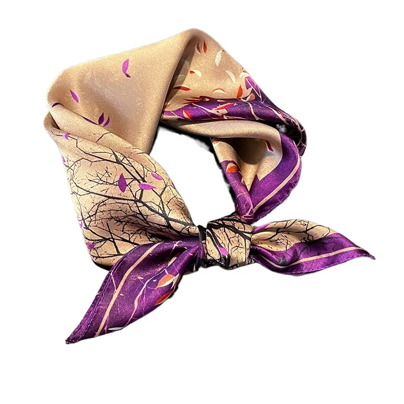 Fashion Floral Pur 100% Silk Square Scarf Women Neck Hair Tie Band Headbands Bandana Female Foulard 53x53cm