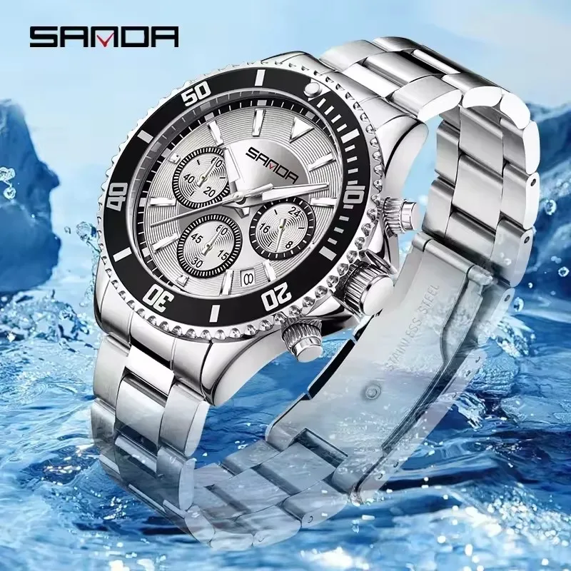 SANDA 9102 ساعة كوارتز نسائية كلاسيكية كرونوغراف تقويم ساعة مضيئة مقاوم للماء حزام من الفولاذ المقاوم للصدأ ساعة يد للسيدات