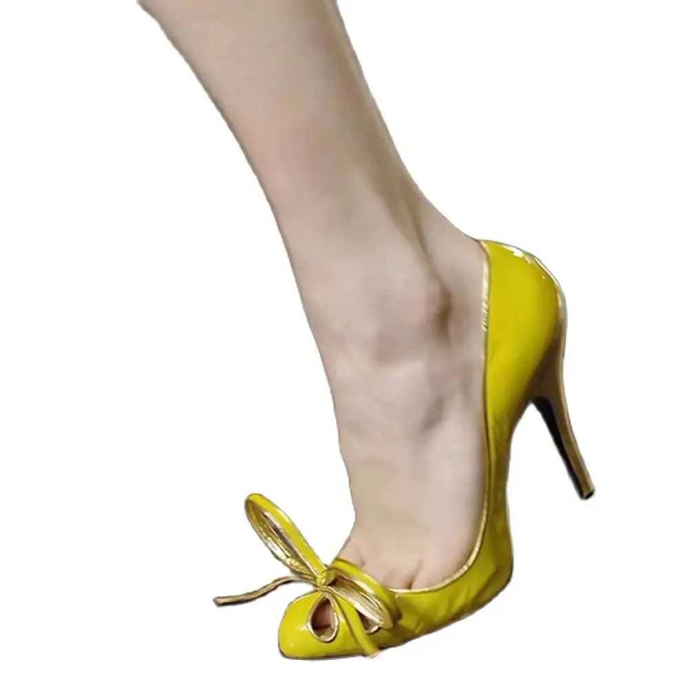 Round Toe Bowknot Yellow Pumps Women Sweet Hollow Out Cover Toe High Heels Shoes Patent Leather Ladies Catwalks Wedding Pumps