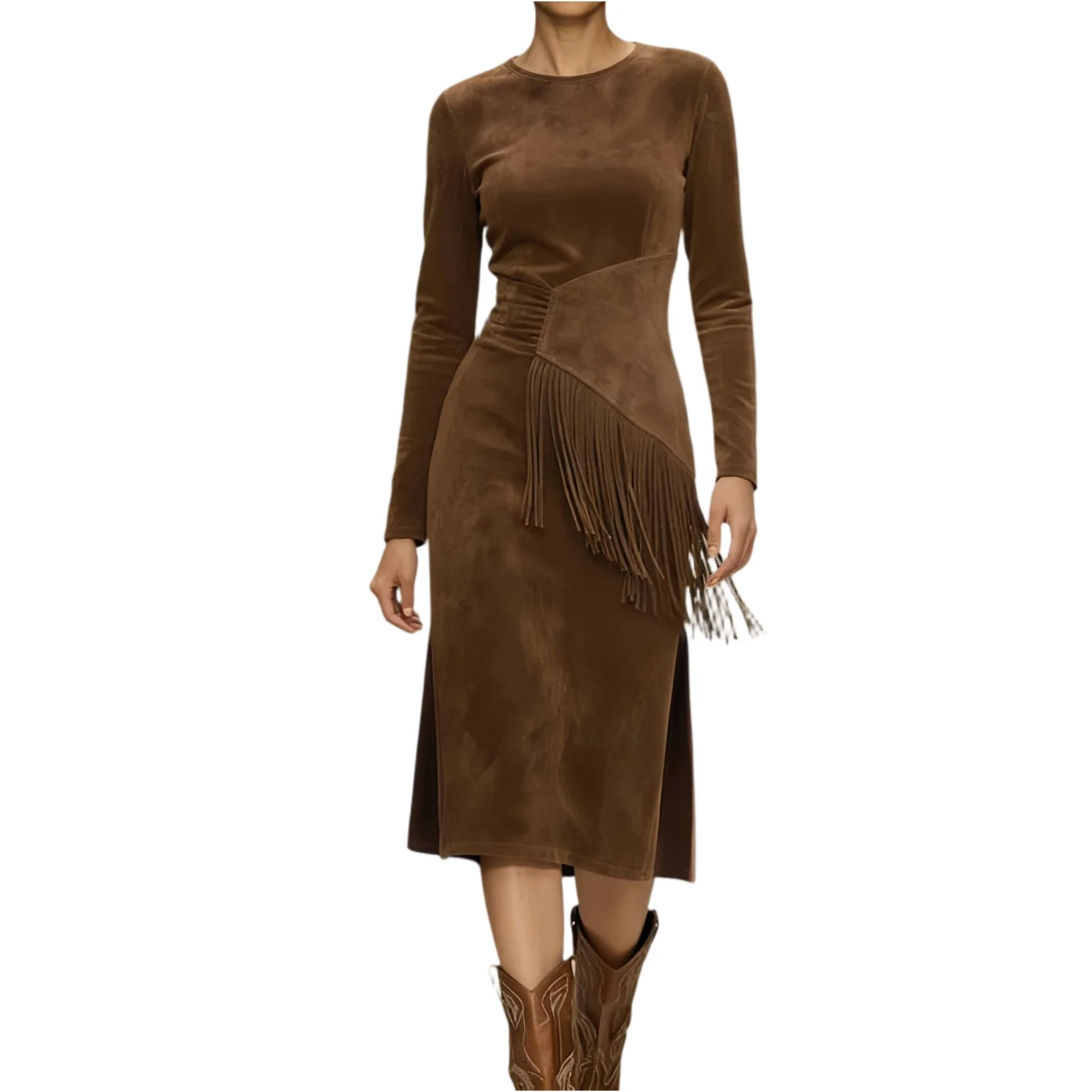 Robe à franges à manches longues et col rond, coupe cintrée, rétro occidentale, couleur unie, en daim, pour femmes, printemps et automne