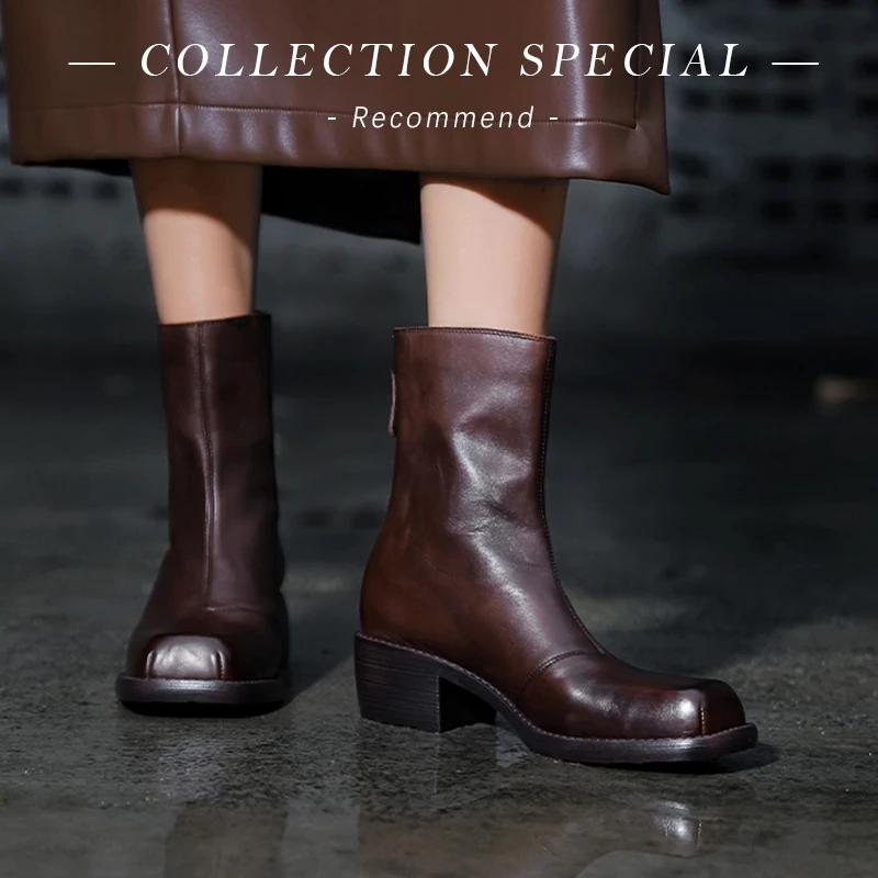 

Women's New Autumn/Winter Square Head Genuine Leather Cowhide Thick Bottom Zipper Middle Heel Calf Vintage Chelsea Short Boots