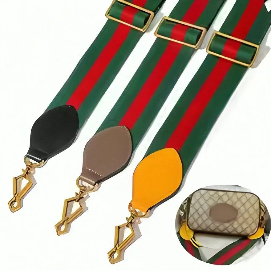 Green Red Stripe Wide Webbing Bag Strap Adjustable Replacement Crossbody Shoulder Strap Handbag Purse DIY Accessories With Leather Tab