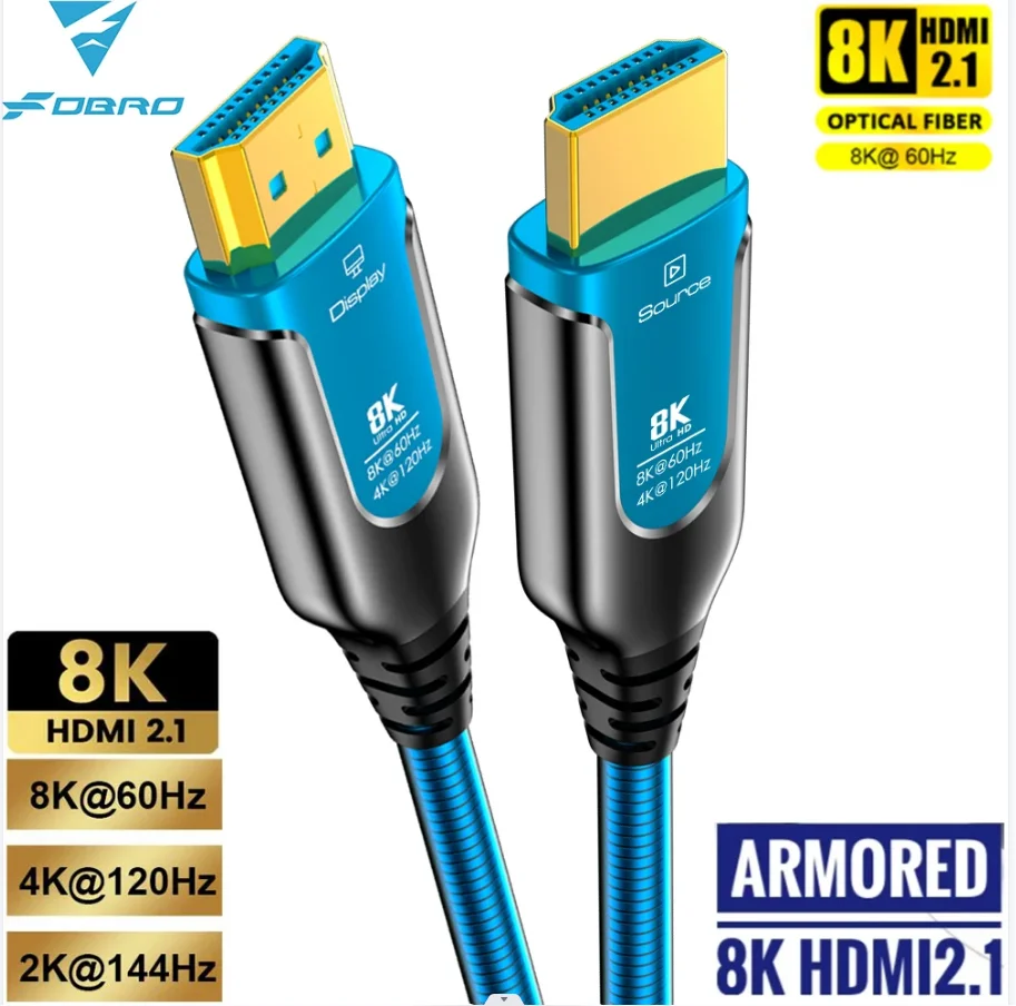 8K HDMI 2.1 Fiber Optic Armored Cable 48Gbps Ultra High Speed HDMI Cable 8K 60Hz 4K 120Hz Dynamic HDR eARC HDCP for TV Projector