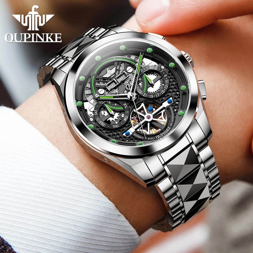 OUPINKE Men's Watches Luxury Fashion Automatic Wristwatch Original Tourbillon Movement Sapphire Mirror 50M Waterproof Luminous