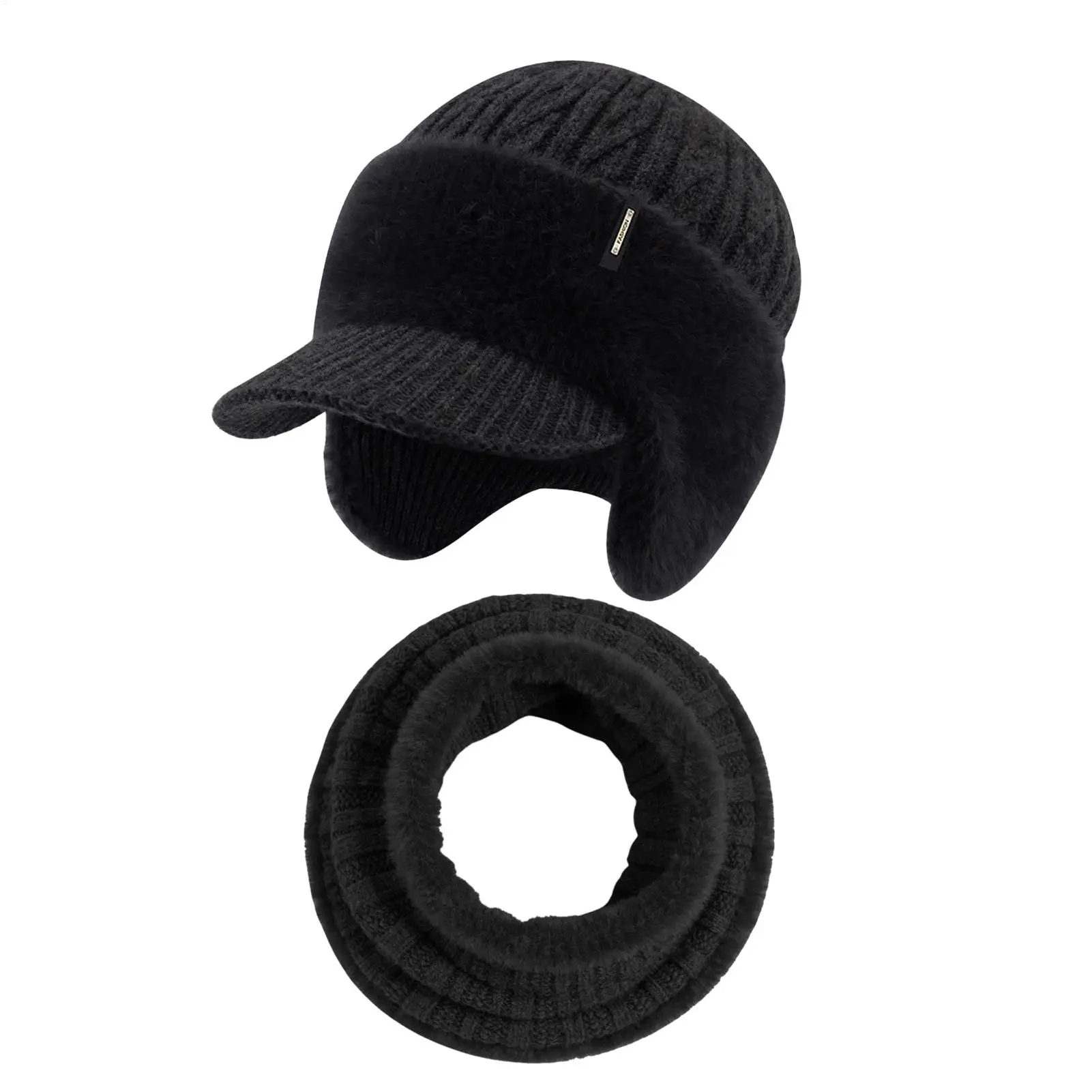 

Knit Hat Stretchy Thermal Winter Beanie With Brim Earflap Scarf Cold-Resistant Knitted Hat For Daily Commuting Skiing Indoor