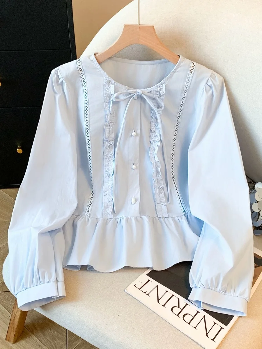 

Korean Style round Neck Shirt Women Spring Summer New Loose Fashion Sweet Anti-Aging Knot Top Wood Grain